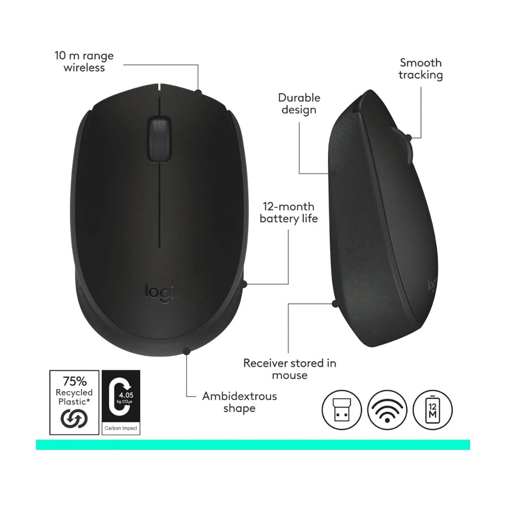 Logitech M171 Wireless Mouse – 2.4GHz, 1000 DPI Optical Tracking, USB Nano Receiver, Black/Grey