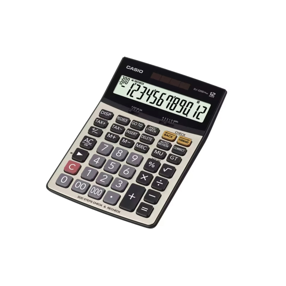 CASIO DJ-220D Plus Desktop Calculator – 12 Digits, 300-Step Check, Tax Calculation, Metal Faceplate, Solar & Battery