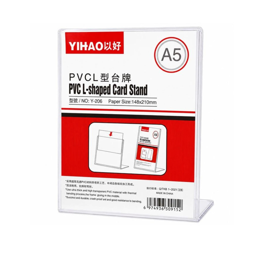 Yihao Y-206 A5 Clear PVC L-Shaped Sign Holder – Vertical, 148 × 210 mm