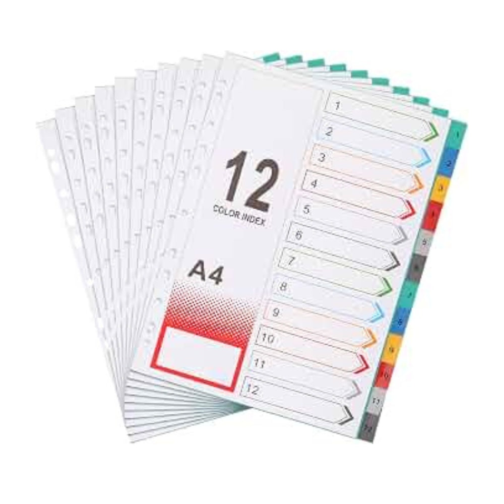 A4 Colourful Plastic Index Dividers – 1–12 Numbered Tabs, 11 Holes, Pack of 10