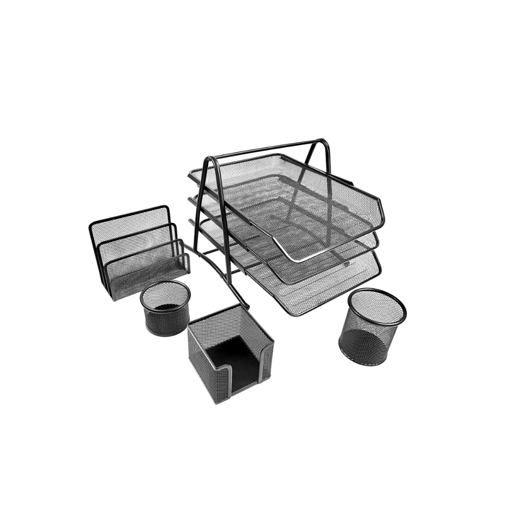 5-Piece Black Metal Mesh Office Desk Organizer Set – Letter Tray, Pencil Cup, Memo & Doodad Holders