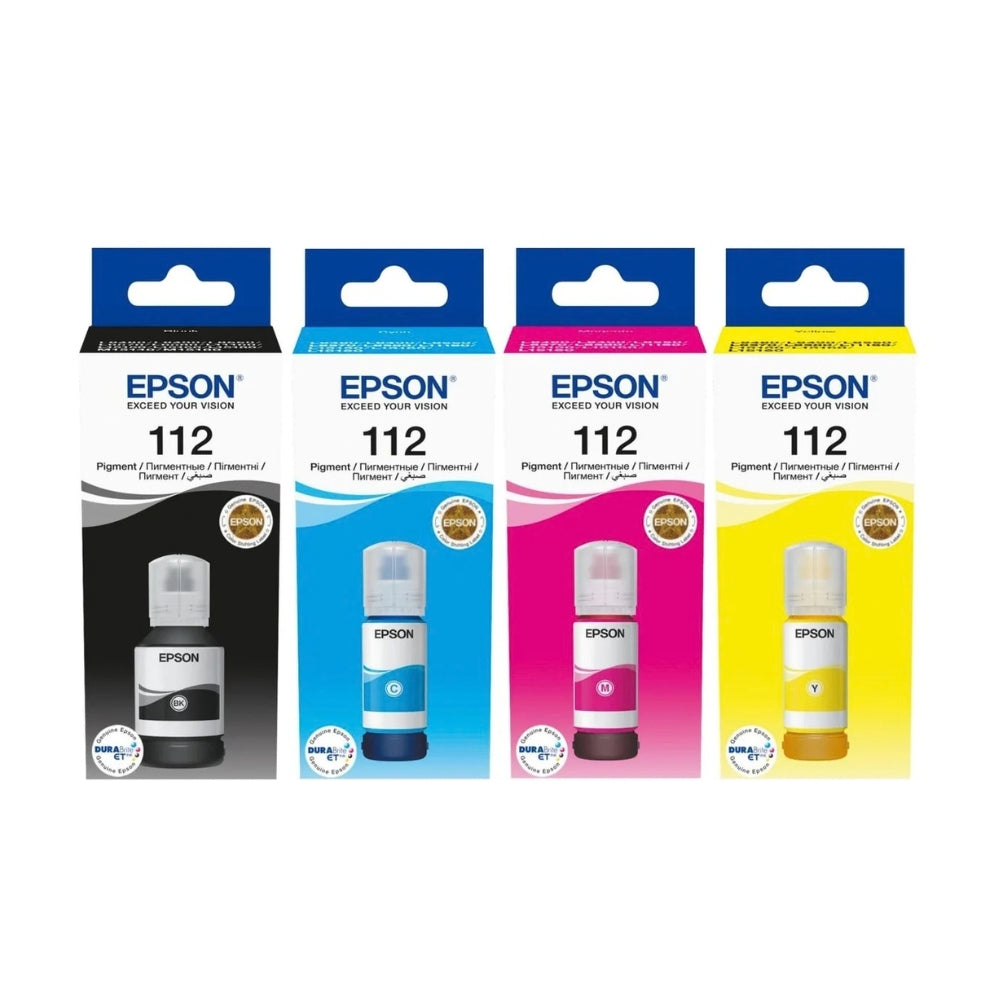 زجاجة حبر صبغي أصلي Epson 112 EcoTank – سعة 70 مل – متوفرة بألوان السماوي والأرجواني والأصفر
