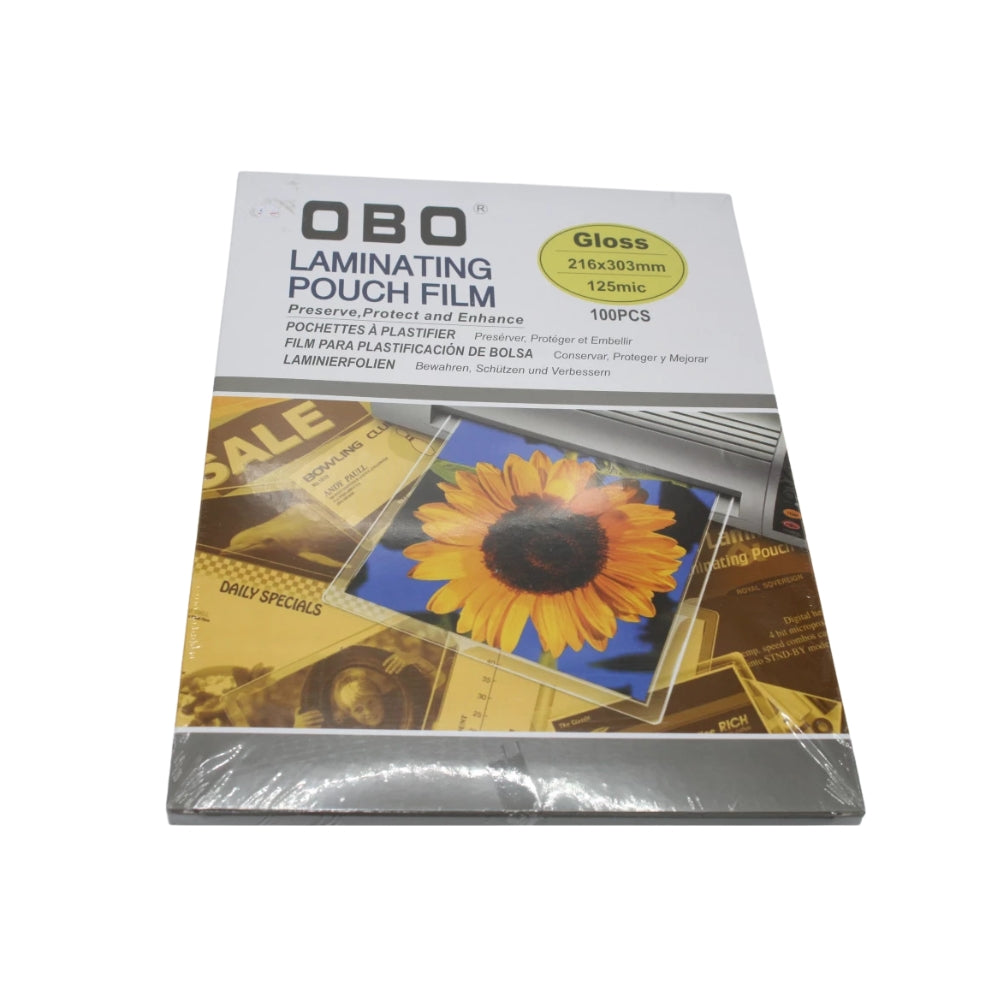 OBO Laminating Pouch Film – A4, 216 × 303 mm, 125 Microns, Glossy, Pack of 100