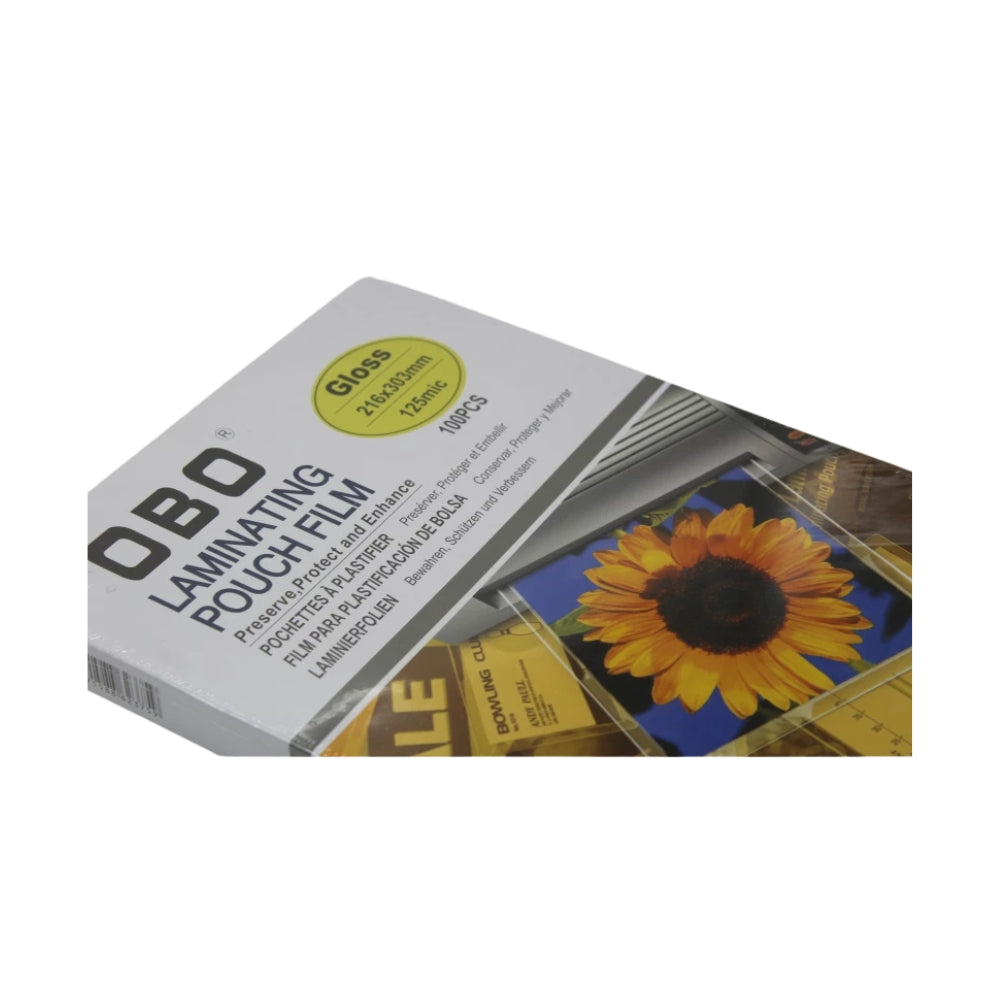 OBO Laminating Pouch Film – A4, 216 × 303 mm, 125 Microns, Glossy, Pack of 100