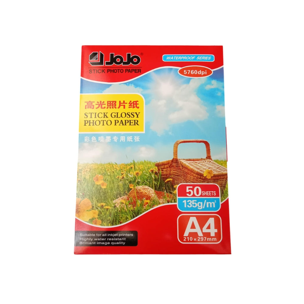 JOJO A4 Glossy Photo Paper – 135gsm, Waterproof, Self-Adhesive, 50 Sheets