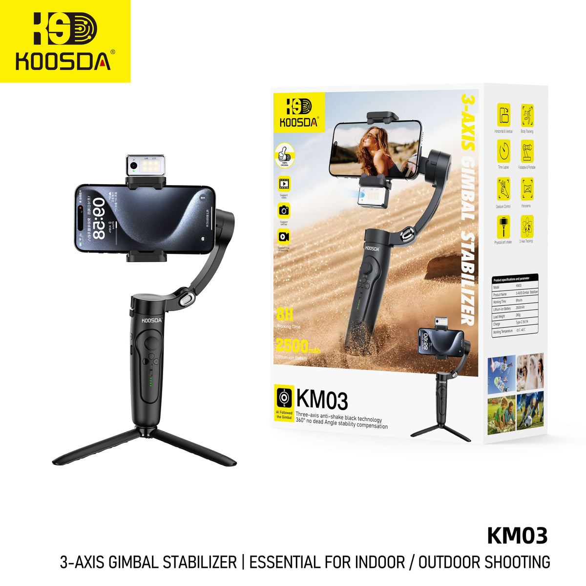 Koosda KM03 3-Axis Gimbal Stabilizer – AI Face Tracking, Gesture Control, Tripod & Fill Light