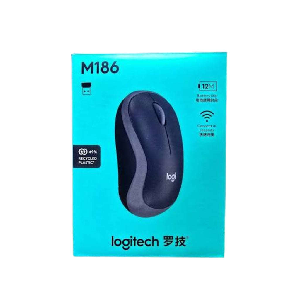Logitech M186 Wireless Mouse – 2.4GHz, 1000 DPI Optical Tracking, USB Receiver, Ambidextrous Design