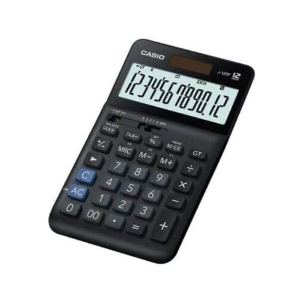 CASIO J-120F-W-DP Desktop Calculator – 12 Digits, Tax Calculation, Currency Exchange, Solar & Battery, Black