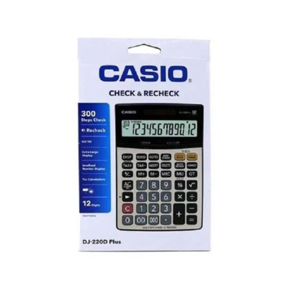 CASIO DJ-220D Plus Desktop Calculator – 12 Digits, 300-Step Check, Tax Calculation, Metal Faceplate, Solar & Battery