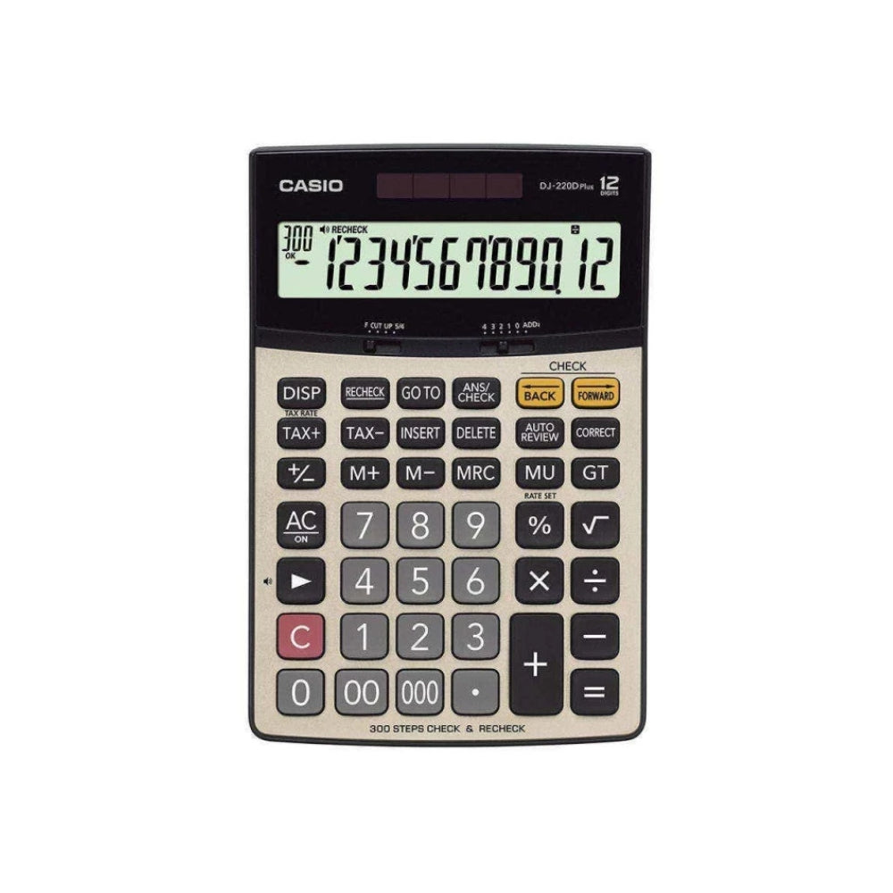 CASIO DJ-220D Plus Desktop Calculator – 12 Digits, 300-Step Check, Tax Calculation, Metal Faceplate, Solar & Battery