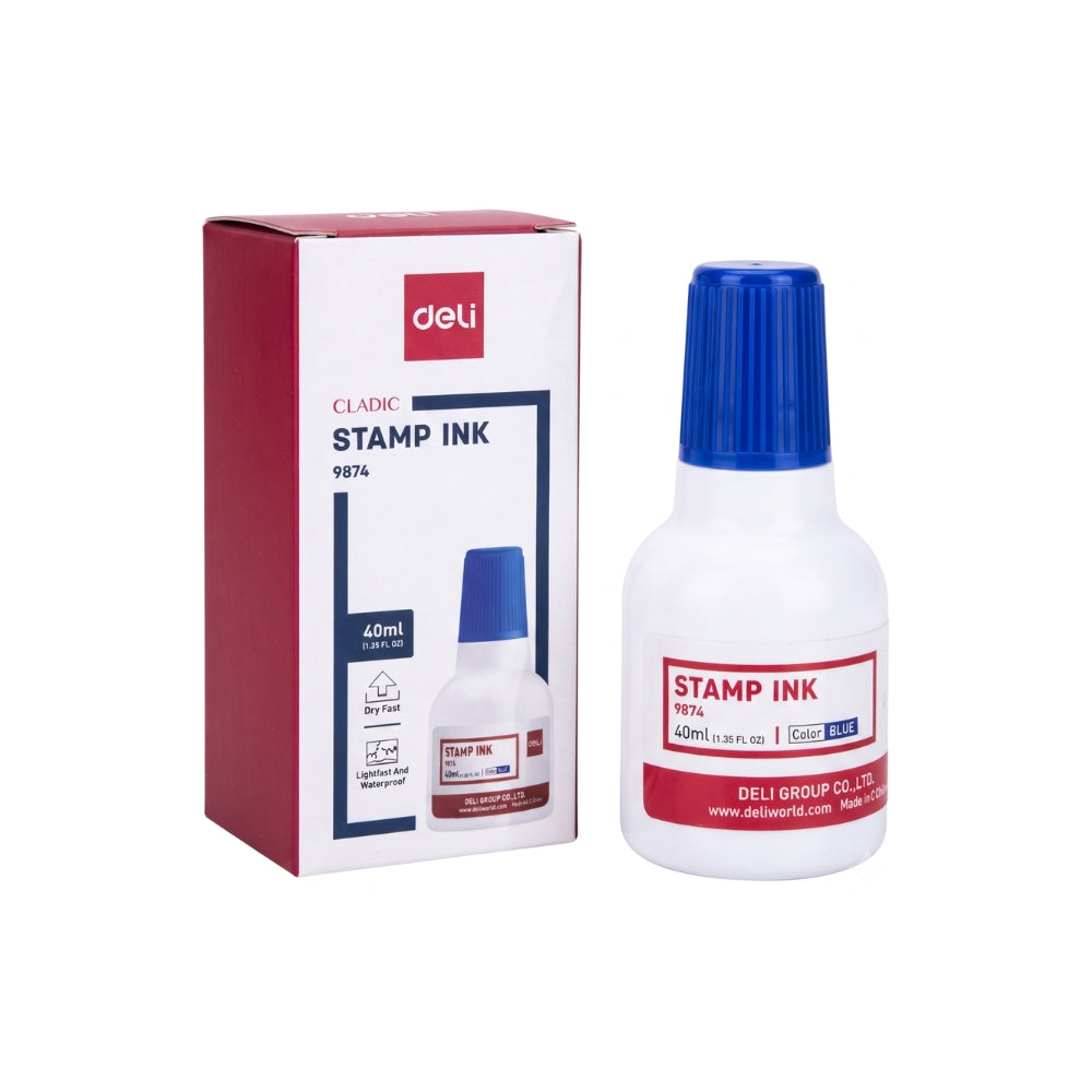 Deli 9874 Classic Stamp Ink – 40 ml, Blue & Red