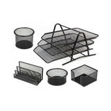 5-Piece Black Metal Mesh Office Desk Organizer Set – Letter Tray, Pencil Cup, Memo & Doodad Holders