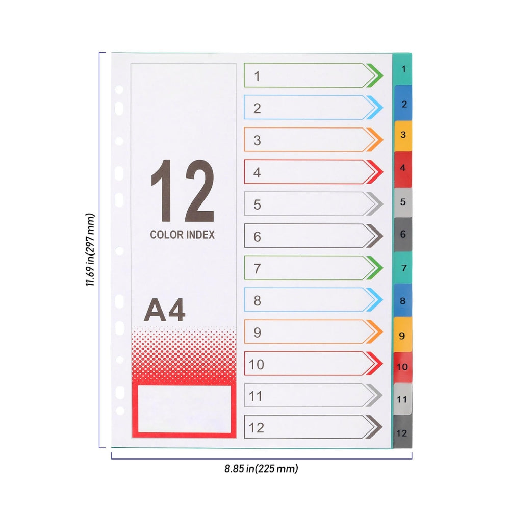 A4 Colourful Plastic Index Dividers – 1–12 Numbered Tabs, 11 Holes, Pack of 10