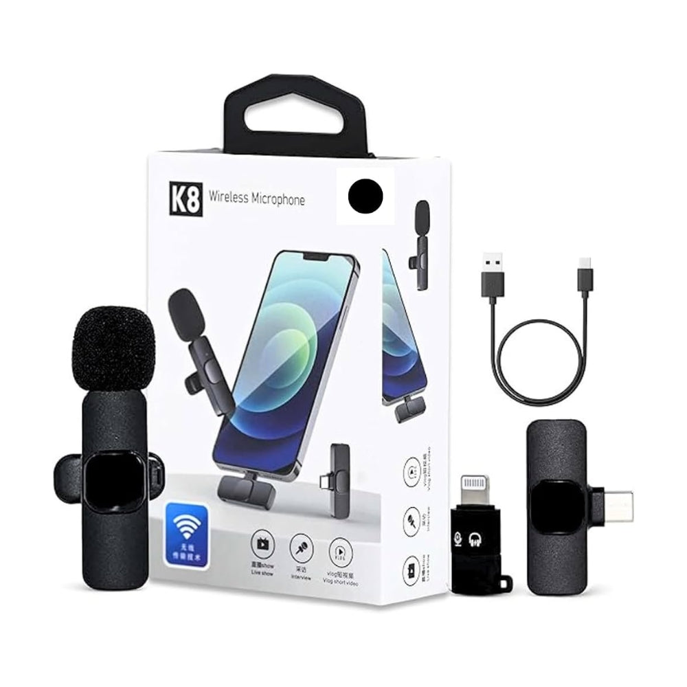 K8 Dual Wireless Lavalier Microphone for Android & iPhone – Type-C & Lightning, Noise Reduction, Rechargeable