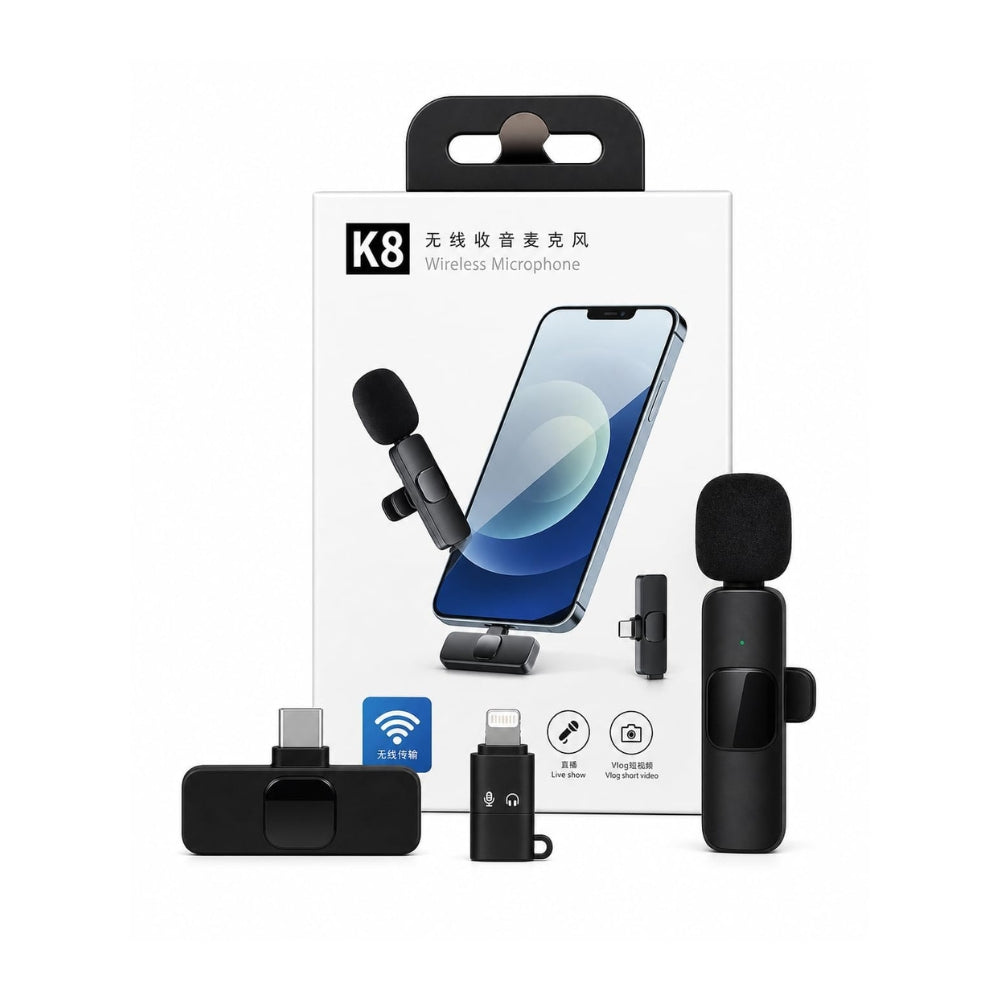K8 Dual Wireless Lavalier Microphone for Android & iPhone – Type-C & Lightning, Noise Reduction, Rechargeable