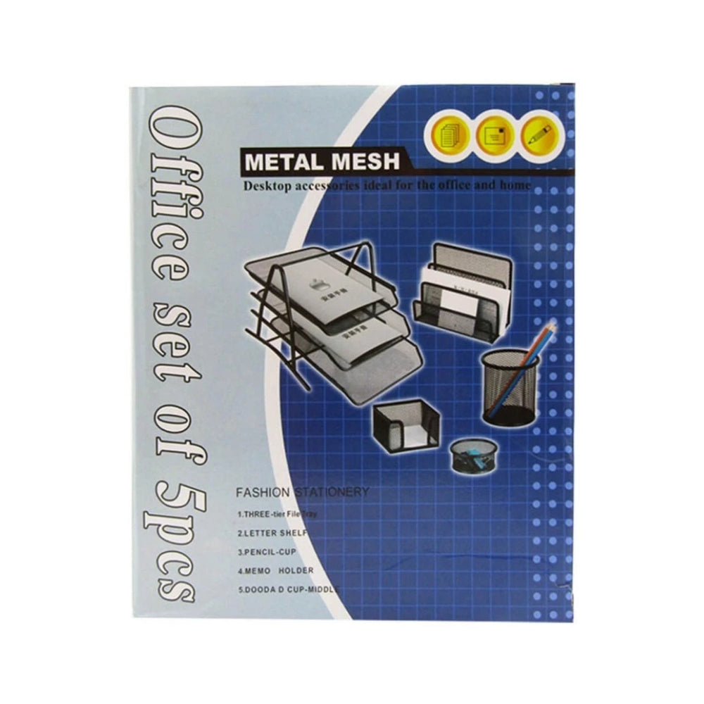 5-Piece Black Metal Mesh Office Desk Organizer Set – Letter Tray, Pencil Cup, Memo & Doodad Holders