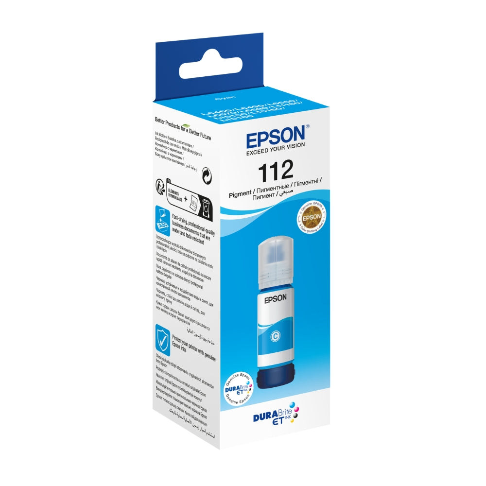 زجاجة حبر صبغي أصلي Epson 112 EcoTank – سعة 70 مل – متوفرة بألوان السماوي والأرجواني والأصفر